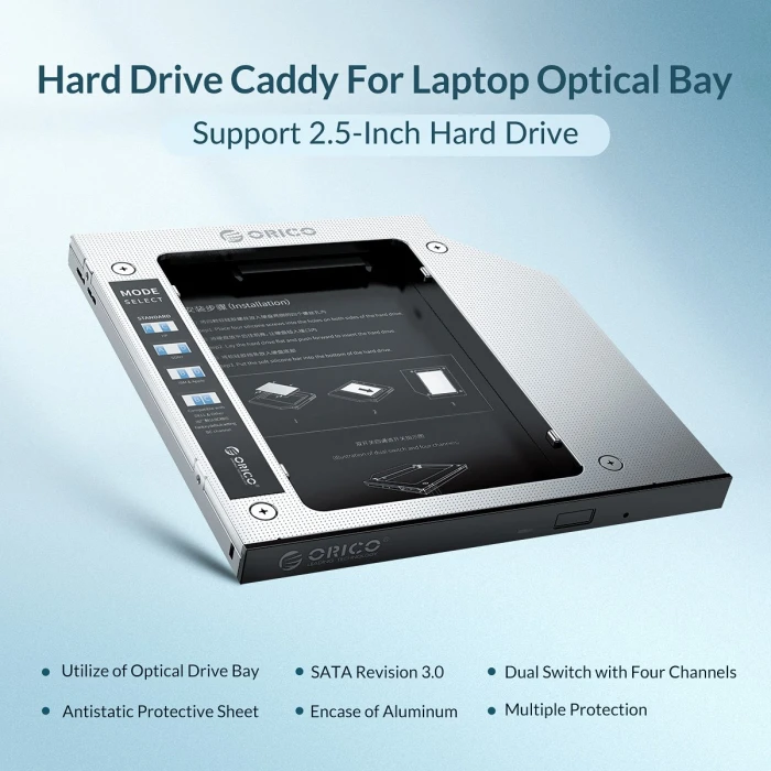 Orico тънко кади за лаптоп Laptop Caddy 9.0-9.5mm SATA3 with LED/switch - M95SS-SV