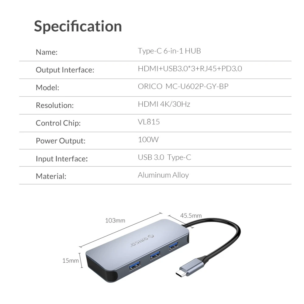 Orico докинг станция Docking Station Type-C Power Distribution 3.0 100W - LAN, HDMI, Type-C x 1, USB3.0 x 3 -  MC-U602P