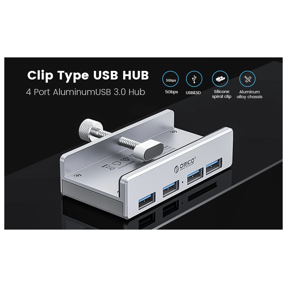 Orico хъб USB 3.0 HUB Clip Type 4 port - aux Micro-USB power input, Aluminum - MH4PU-P-SV