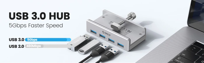 Orico хъб USB 3.0 HUB Clip Type 4 port - aux Micro-USB power input, Aluminum - MH4PU-P-SV