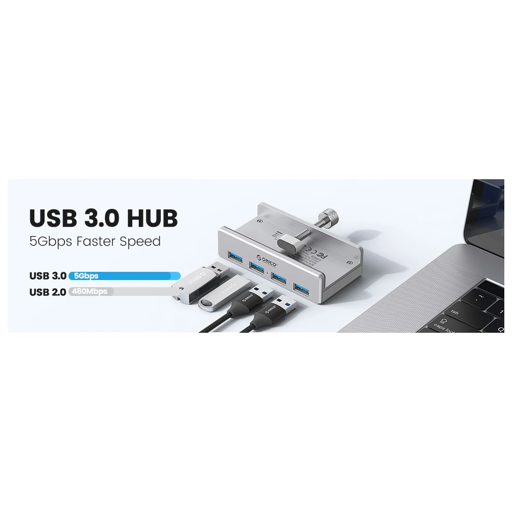 Orico хъб USB 3.0 HUB Clip Type 4 port - aux Micro-USB power input, Aluminum - MH4PU-P-SV
