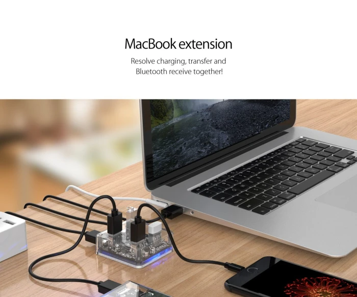 Orico хъб USB3.0 HUB 4 port transparent, 1m cable - MH4U-U3-10-CR