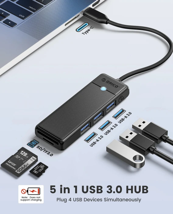 Orico хъб HUB USB3.1 Type-C - 3 x USB3.0, SD, TF - PAPW3AT-C3-015-BK