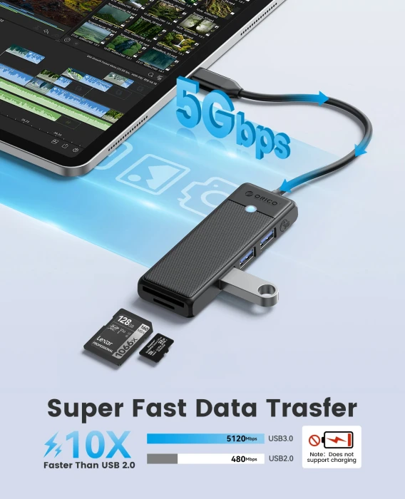 Orico хъб HUB USB3.1 Type-C - 3 x USB3.0, SD, TF - PAPW3AT-C3-015-BK