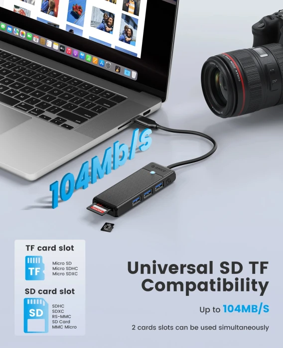 Orico хъб HUB USB3.1 Type-C - 3 x USB3.0, SD, TF - PAPW3AT-C3-015-BK
