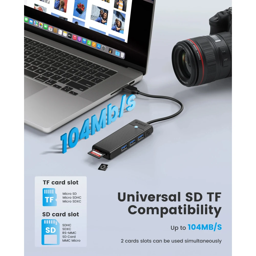 Orico хъб USB3.0 HUB - 3 x USB3.0, SD, TF