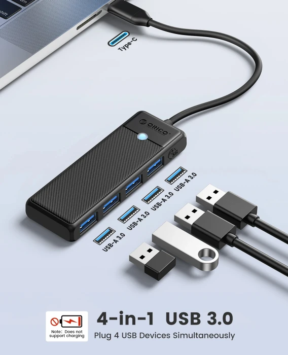 Orico хъб USB3.1 HUB Type-C - 4 x USB3.0 - PAPW4A-C3-015-BK