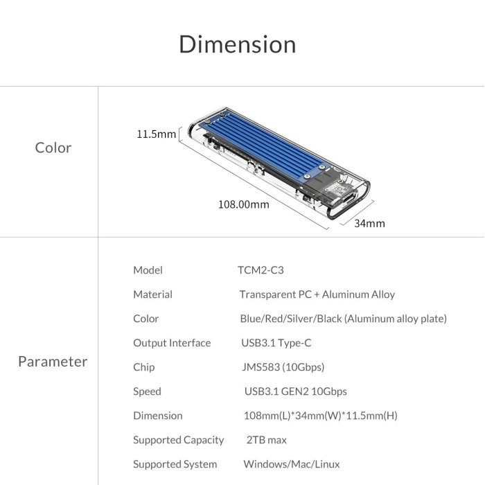 Orico M.2 NVMe Type-C - TCM2-C3-BK
