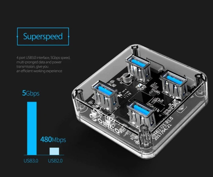 Orico хъб USB3.0 HUB 4 port transparent - MH4U-U3-03-CR