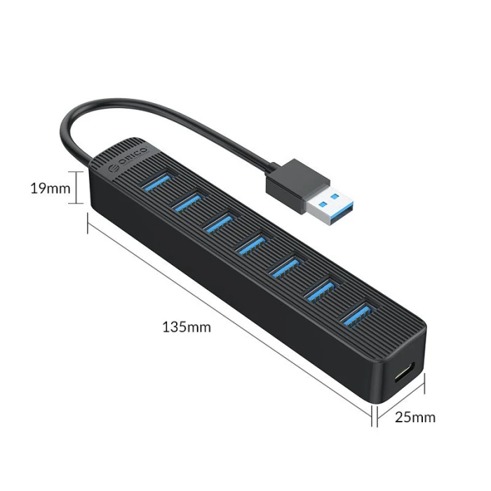 Orico хъб USB3.0 HUB 7 port - Type C input, 0.15m cable, aux Type-C power input - TWU3-7A-BK