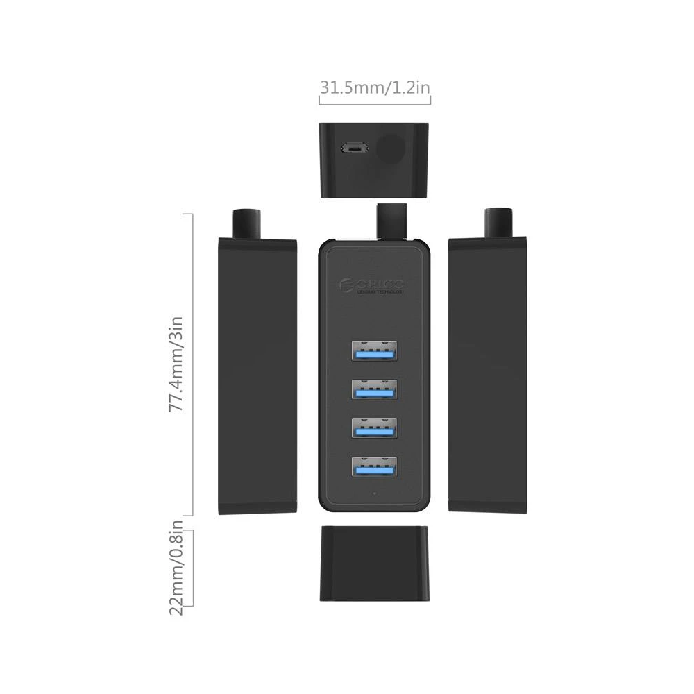 Orico хъб USB3.0 HUB 4 port - USB/Micro USB input, 1m cable - W5P-U3-100-BK-PRO