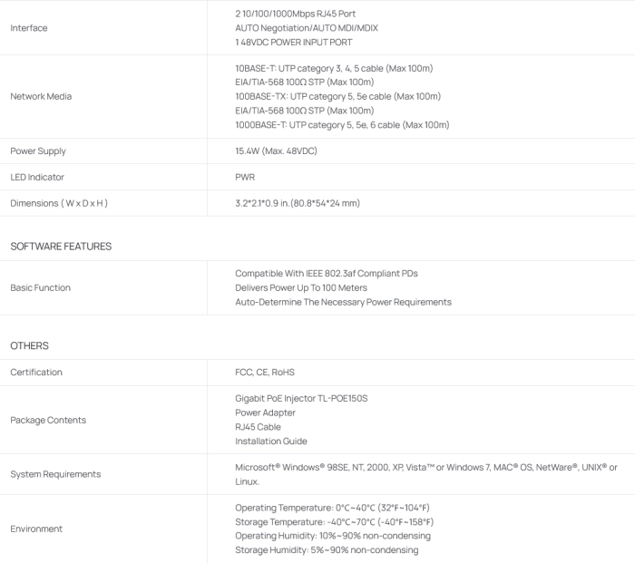TP-Link TL-PoE150S PoE Injector 15.4W