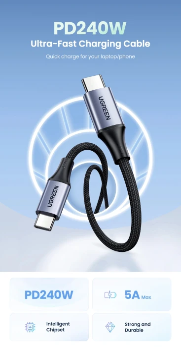 Ugreen кабел USB 2.0 Type-C M/M US535, 240W, 5A, 2m - 90440