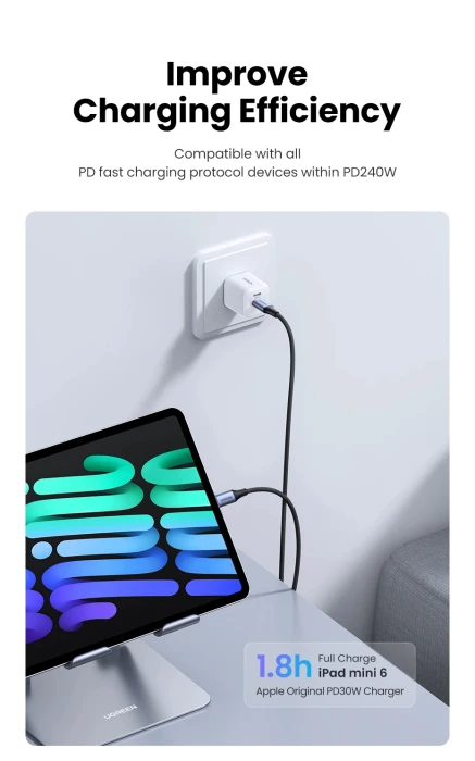Ugreen кабел USB 2.0 Type-C M/M US535, 240W, 5A, 2m - 90440