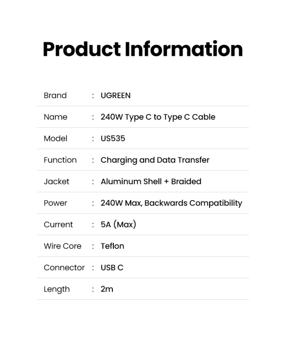 Ugreen кабел USB 2.0 Type-C M/M US535, 240W, 5A, 2m - 90440