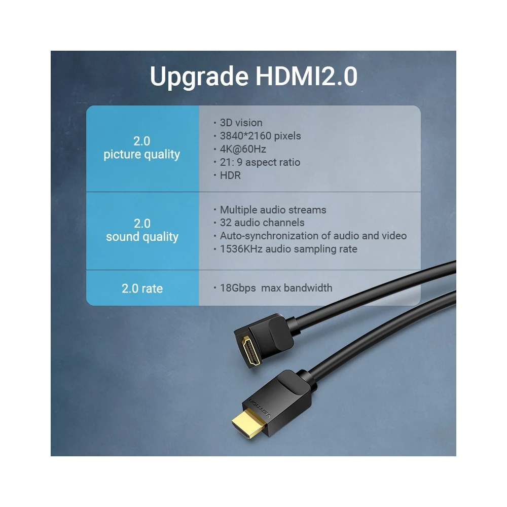 Vention Кабел HDMI Right Angle 270 Degree v2.0 M / M 4K/60Hz Gold - 1.5M Black - AAQBG