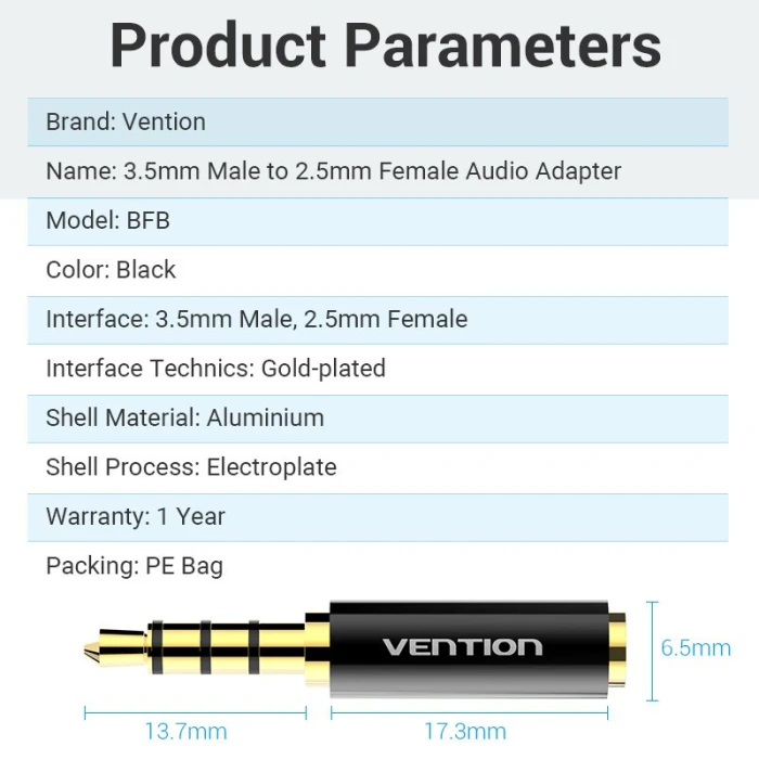 Vention адаптер Adapter Audio 3.5mm M / 2.5mm F  Black Metal - BFBB0