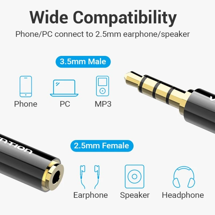 Vention адаптер Adapter Audio 3.5mm M / 2.5mm F  Black Metal - BFBB0