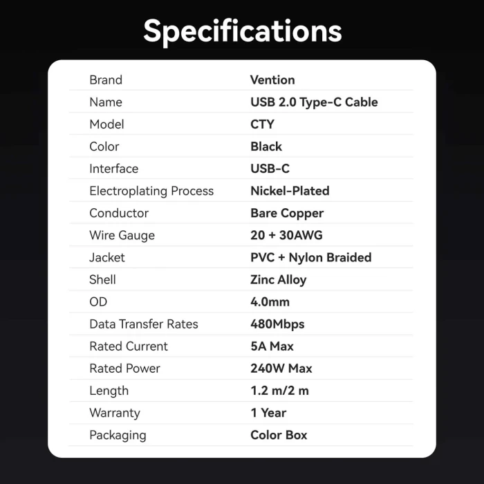 Vention USB 2.0 Type-C 5A 240W - 1.2m