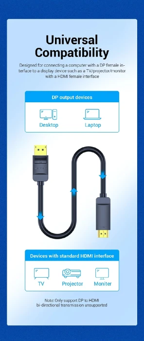 Vention кабел Cable DisplayPort to HDMI 3.0m - 4K, Gold Plated - HAGBI