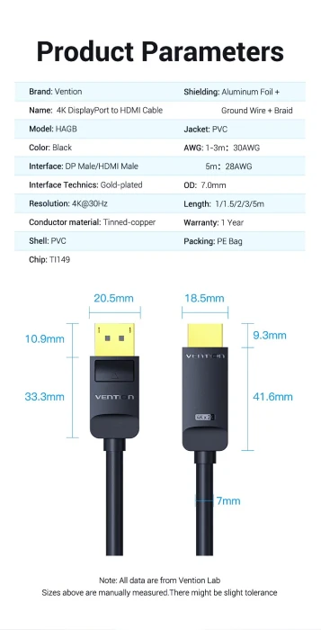 Vention кабел Cable DisplayPort to HDMI 3.0m - 4K, Gold Plated - HAGBI