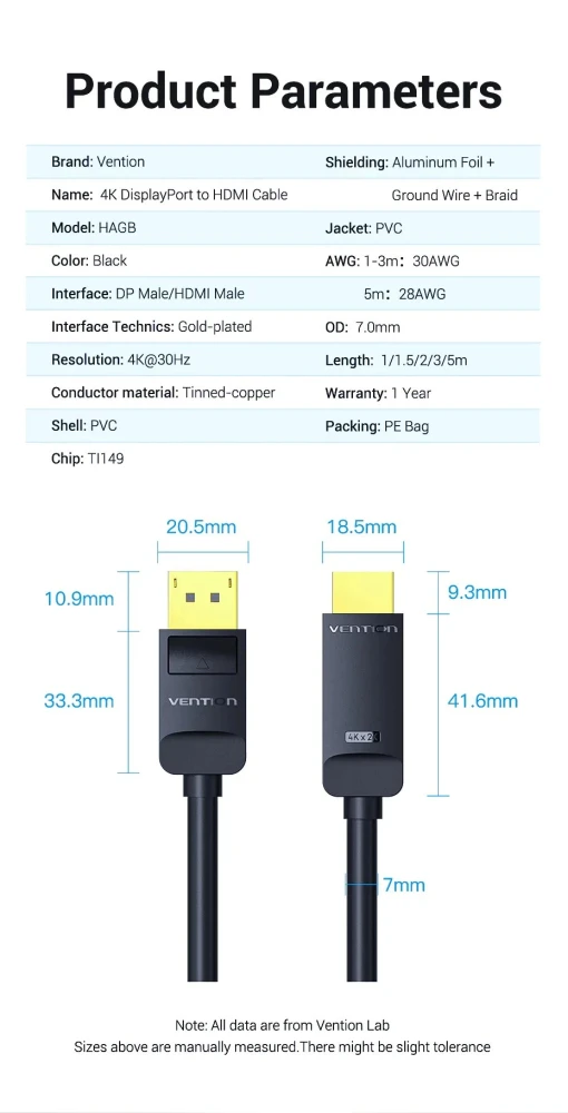 Vention кабел DisplayPort to HDMI 3.0m