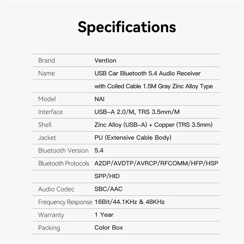 Vention блутут за кола за разговори и музика Bluetooth 5.4 audio receiver USB 3.5mm jack