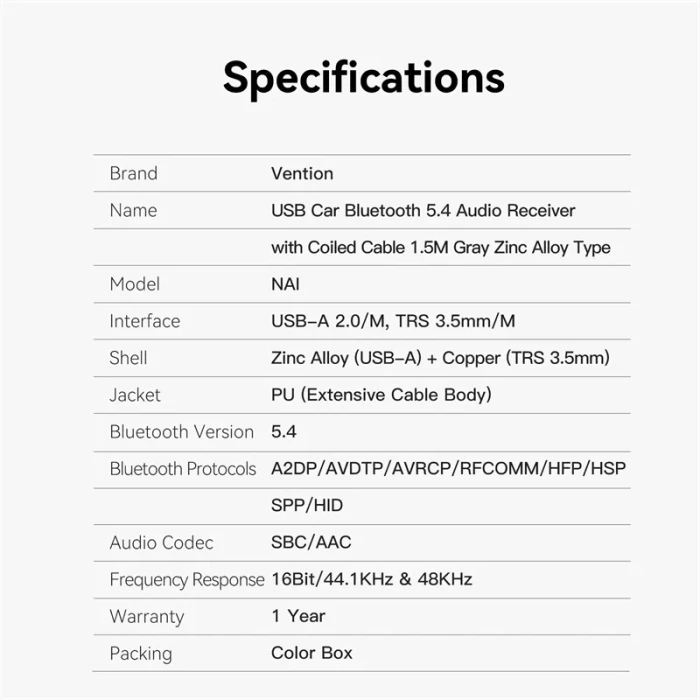 Vention блутут за кола за разговори и музика Bluetooth 5.4 audio receiver USB 3.5mm jack