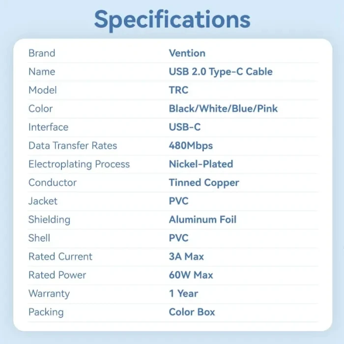 Vention USB-C 2.0 60W - 1.0m