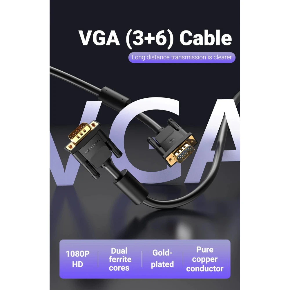 Vention Кабел за монитор Cable VGA HD15 M / M 1.0m Gold Plated, 2 Ferrites - DAEBF