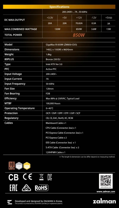 Zalman GigaMax III ZM850-GV3 Bronze 850W